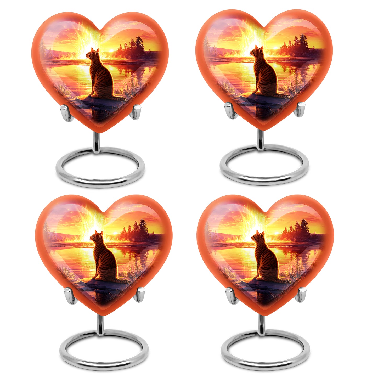 Garnet Red Cat Cremation Urn angled view of lid and engraved motif - heart-shaped cat design symbolizing eternal love - 10 inch aluminum urn for cremated remains