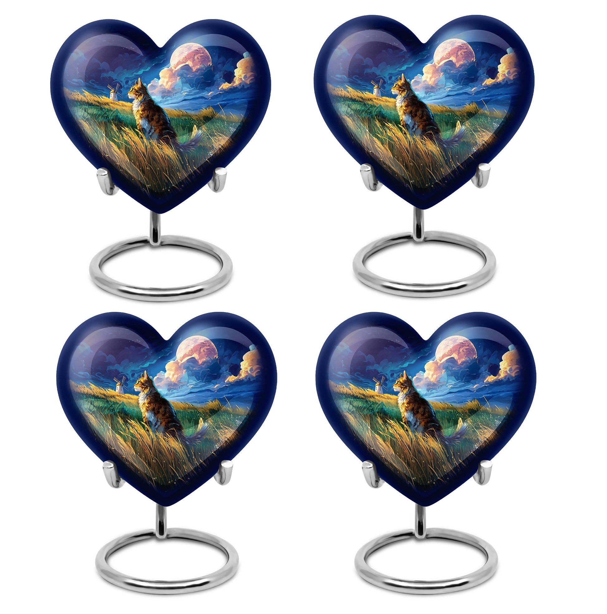 Serene Blue Cat Cremation Urn angled view of lid and engraved motif - romantic heart urn with cat motif on aluminum - 10 inch aluminum urn for cremated remains