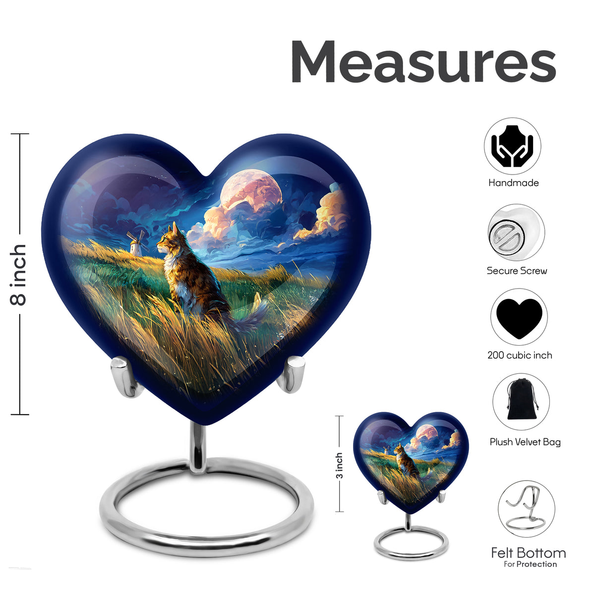 Royal Blue Cat Cremation Urn front view showing detailed design - compassionate heart-cat combination with gentle curves - mini keepsake memorial for portion of cremation ashes