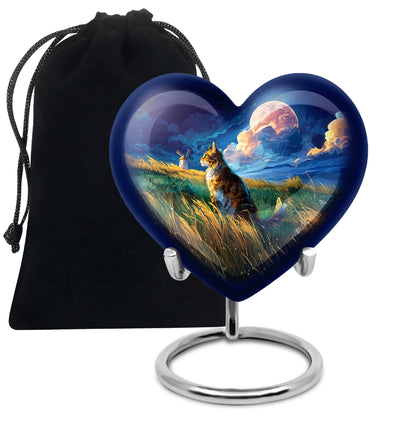 Soft Blue Cat Cremation Urn detail view - romantic heart urn with cat motif on aluminum - full-size 10 inch 200 cubic inch adult cremation urn
