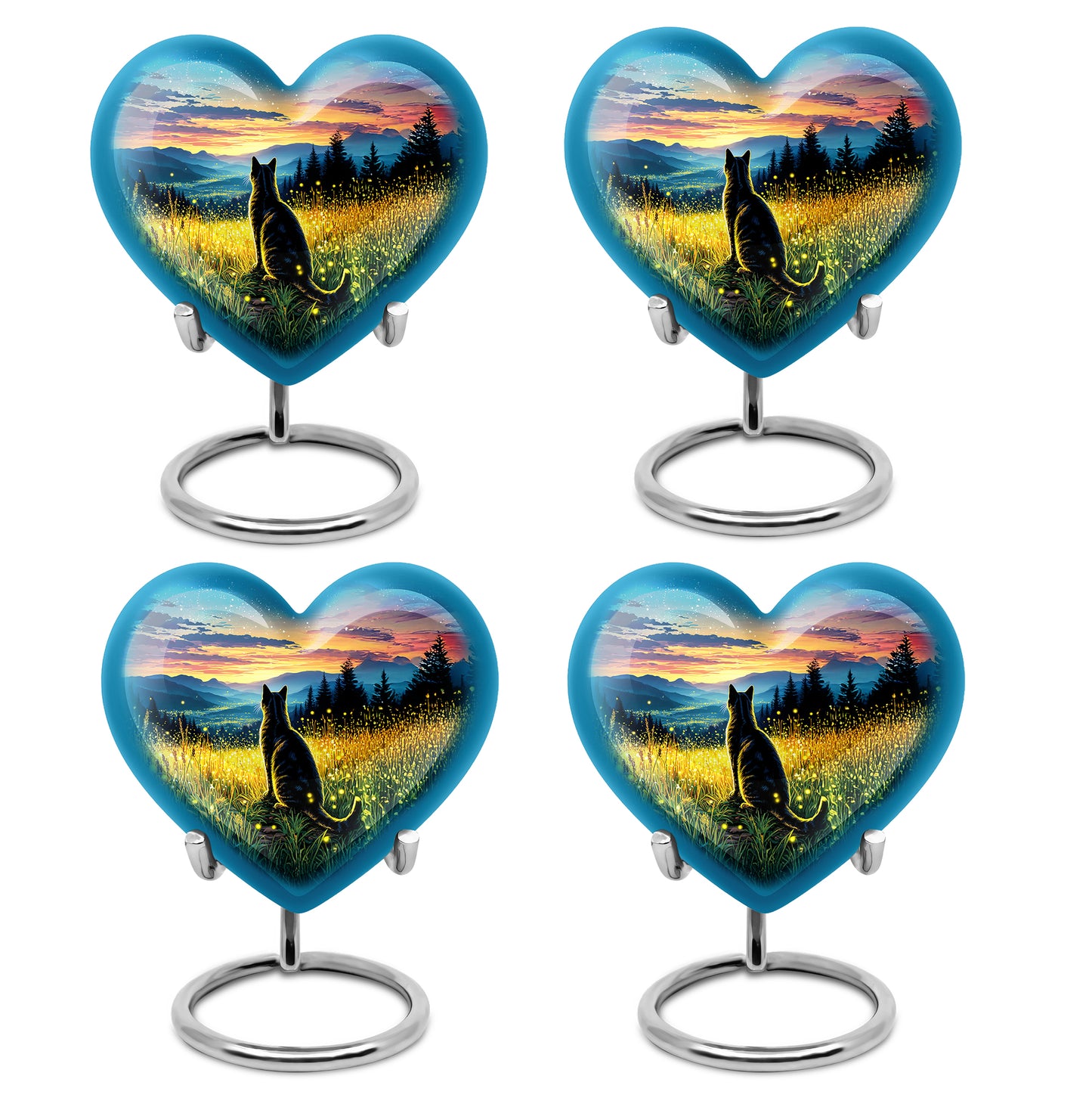 Royal Gold Cat Cremation Urn angled view of lid and engraved motif - compassionate heart-cat combination with gentle curves - 10 inch aluminum urn for cremated remains