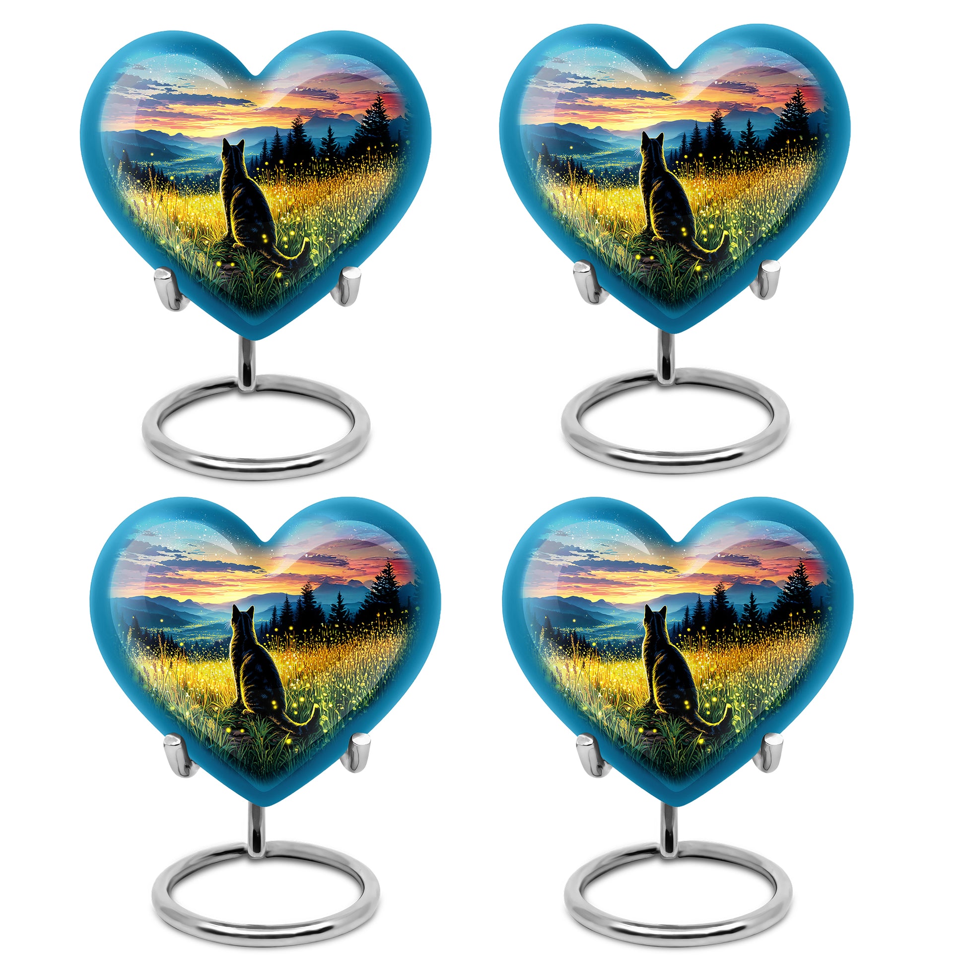 Royal Gold Cat Cremation Urn angled view of lid and engraved motif - compassionate heart-cat combination with gentle curves - 10 inch aluminum urn for cremated remains