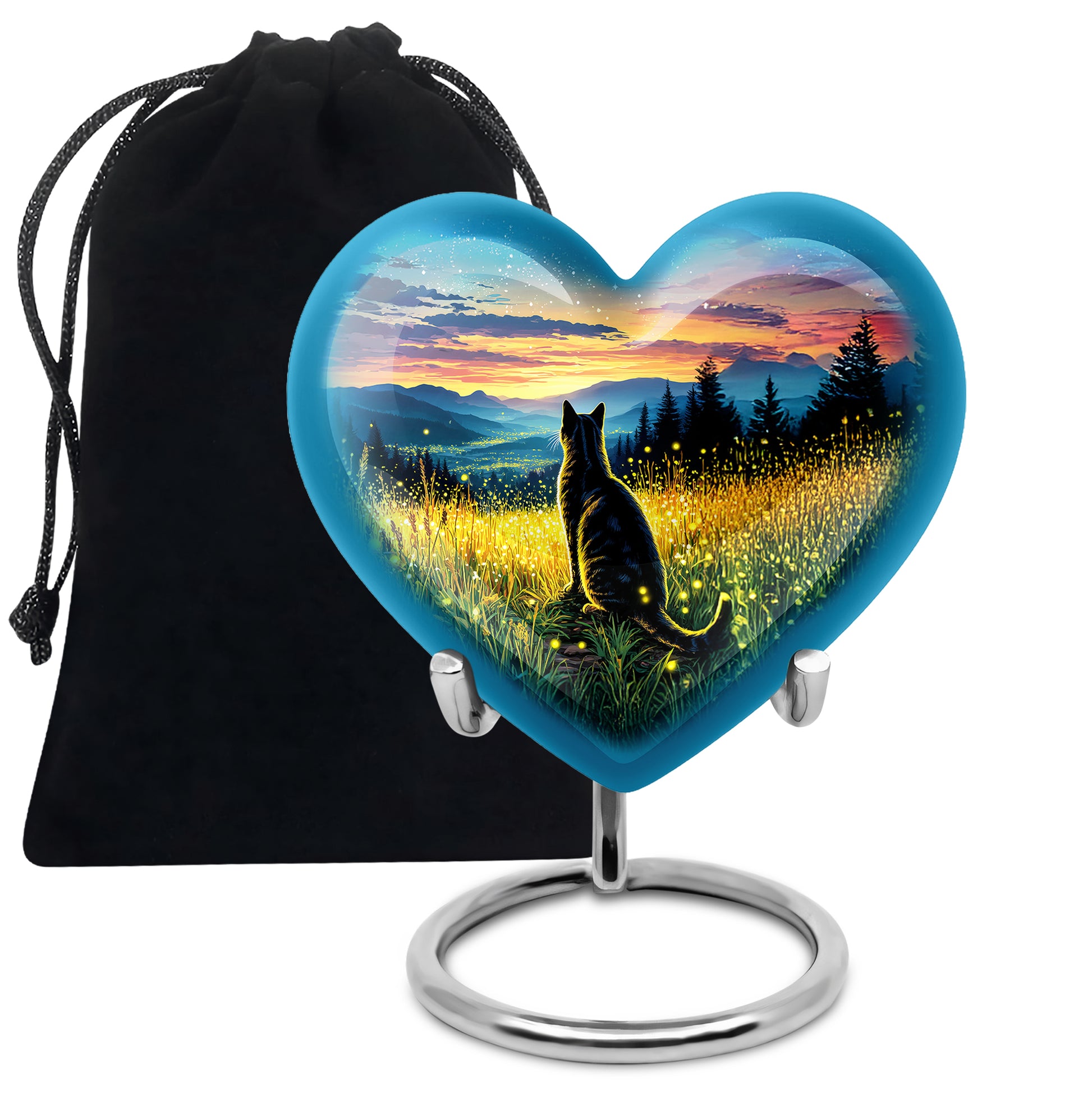 Matte Gold Cat Cremation Urn detail view - romantic heart urn with cat motif on aluminum - full-size 10 inch 200 cubic inch adult cremation urn