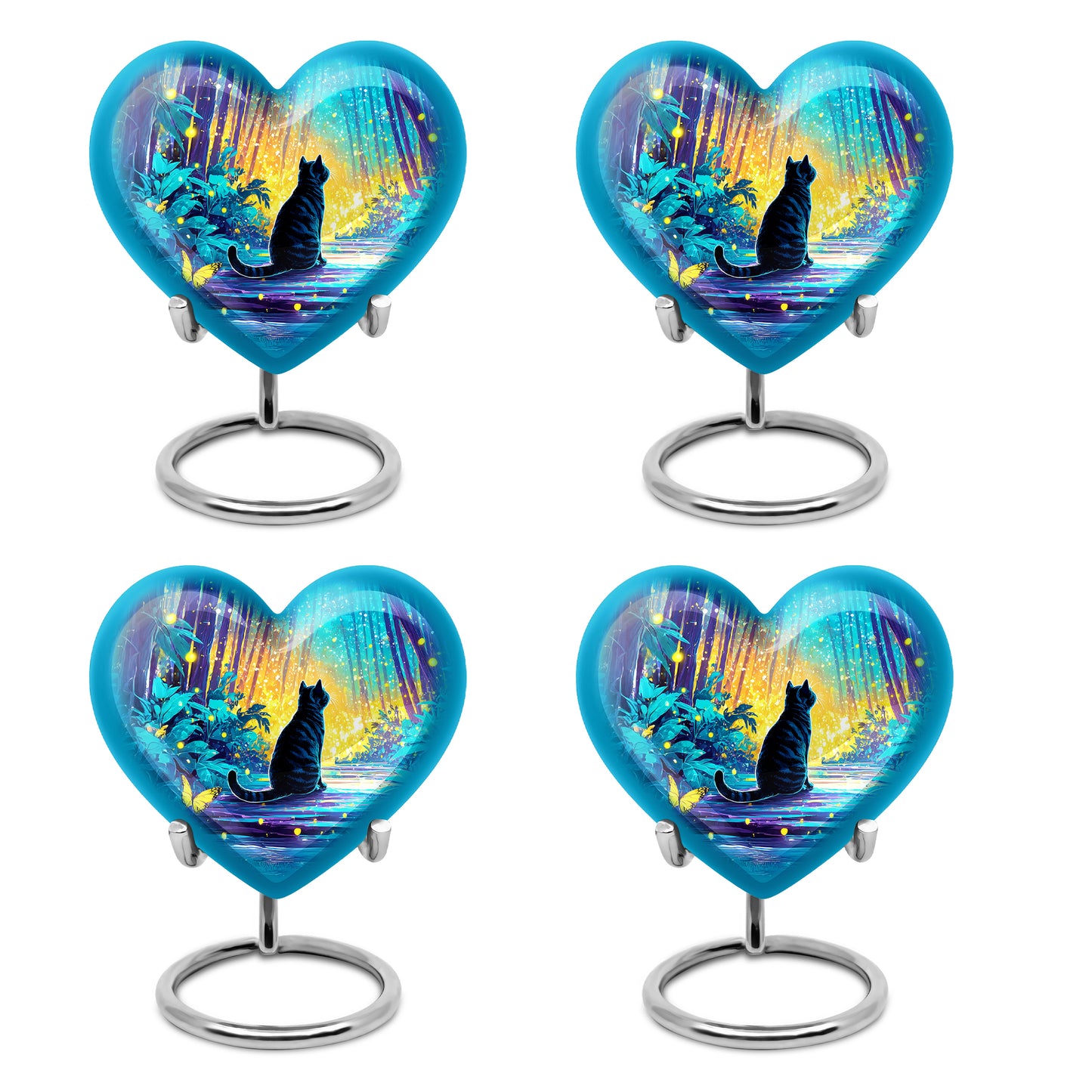 Mystic Teal Cat Cremation Urn angled view of lid and engraved motif - romantic heart urn with cat motif on aluminum - 10 inch aluminum urn for cremated remains