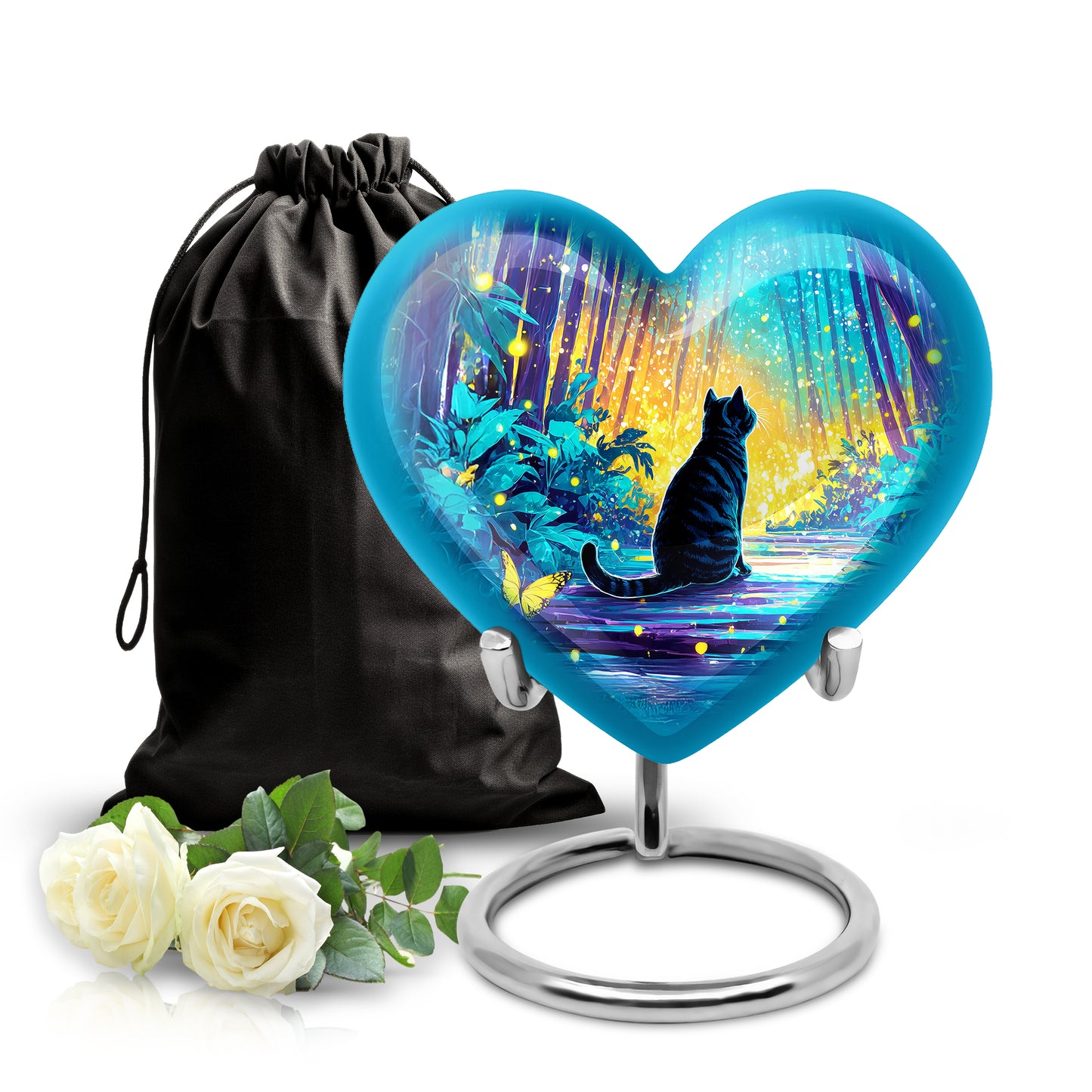 Mystic Teal Cat Cremation Urn detail view - romantic heart urn with cat motif on aluminum - full-size 10 inch 200 cubic inch adult cremation urn