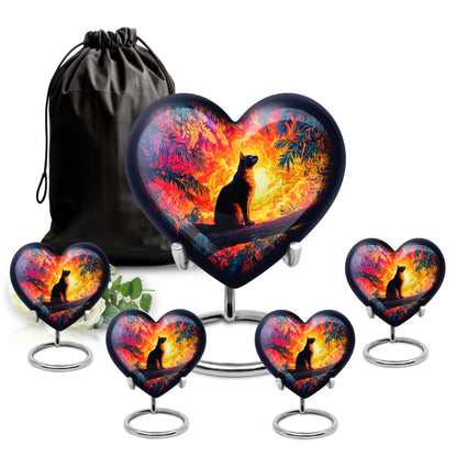 Fiery Red Cat Cremation Urn close-up of engraving and surface detail - romantic heart urn with cat motif on aluminum - memorial set with one large and four small urns