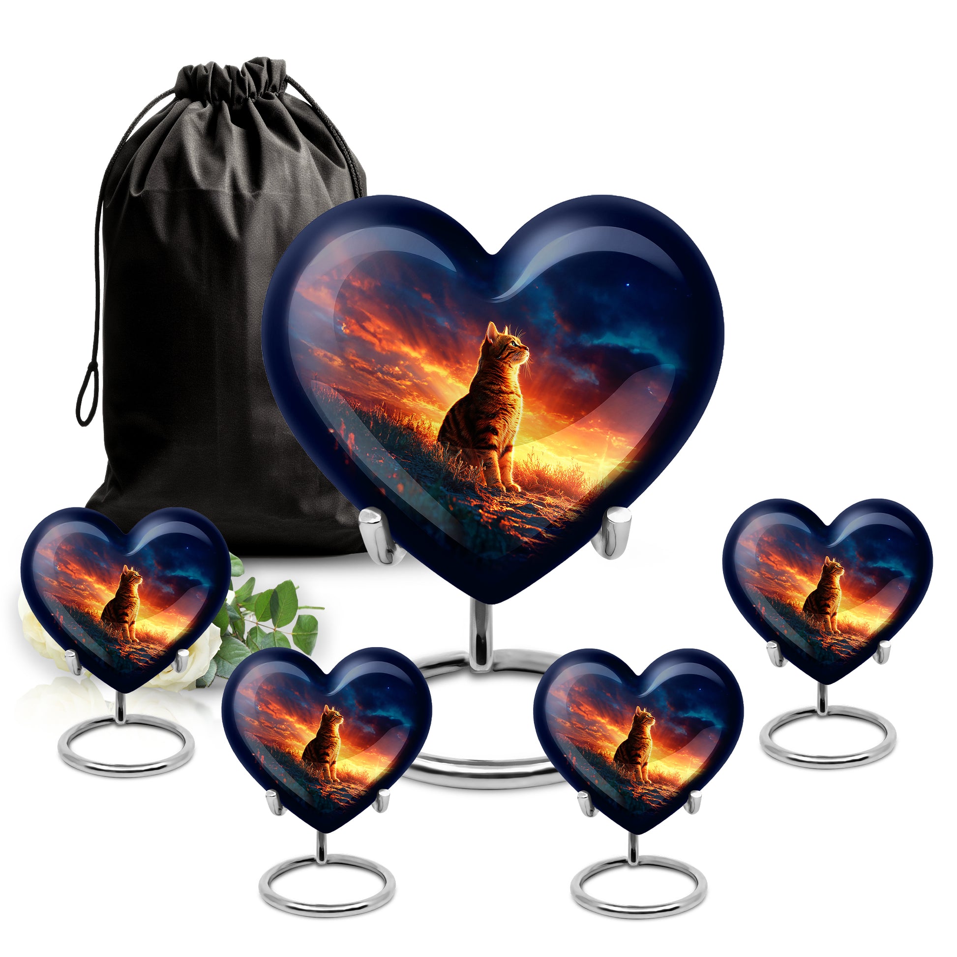 Calming Blue Cat Cremation Urn close-up of engraving and surface detail - romantic heart urn with cat motif on aluminum - memorial set with one large and four small urns