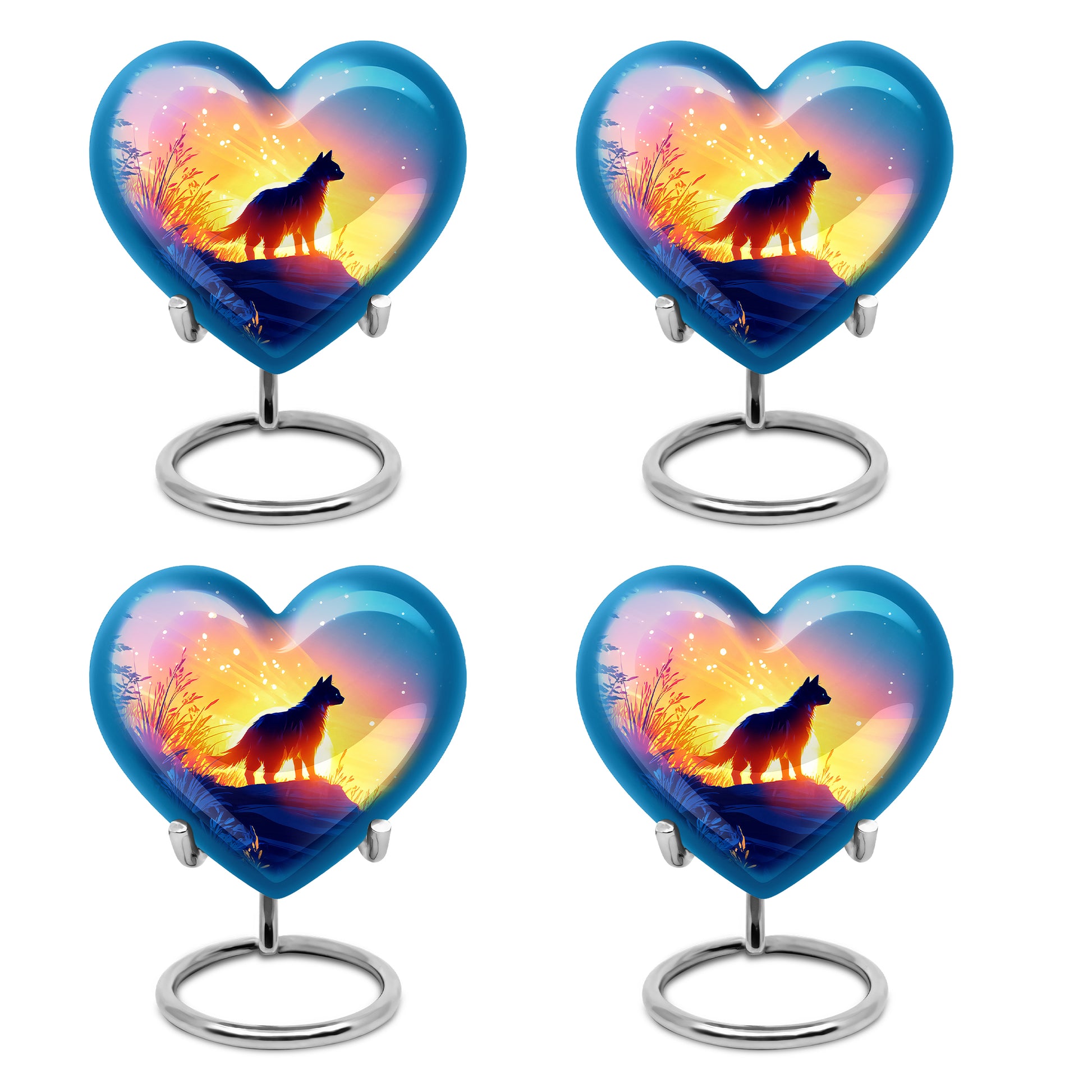 Sapphire Blue Cat Cremation Urn angled view of lid and engraved motif - compassionate heart-cat combination with gentle curves - 10 inch aluminum urn for cremated remains