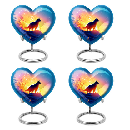Sapphire Blue Cat Cremation Urn angled view of lid and engraved motif - compassionate heart-cat combination with gentle curves - 10 inch aluminum urn for cremated remains