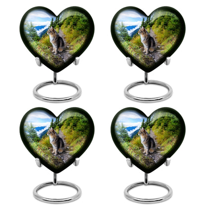 Cornflower Blue Cat Cremation Urn angled view of lid and engraved motif - compassionate heart-cat combination with gentle curves - 10 inch aluminum urn for cremated remains