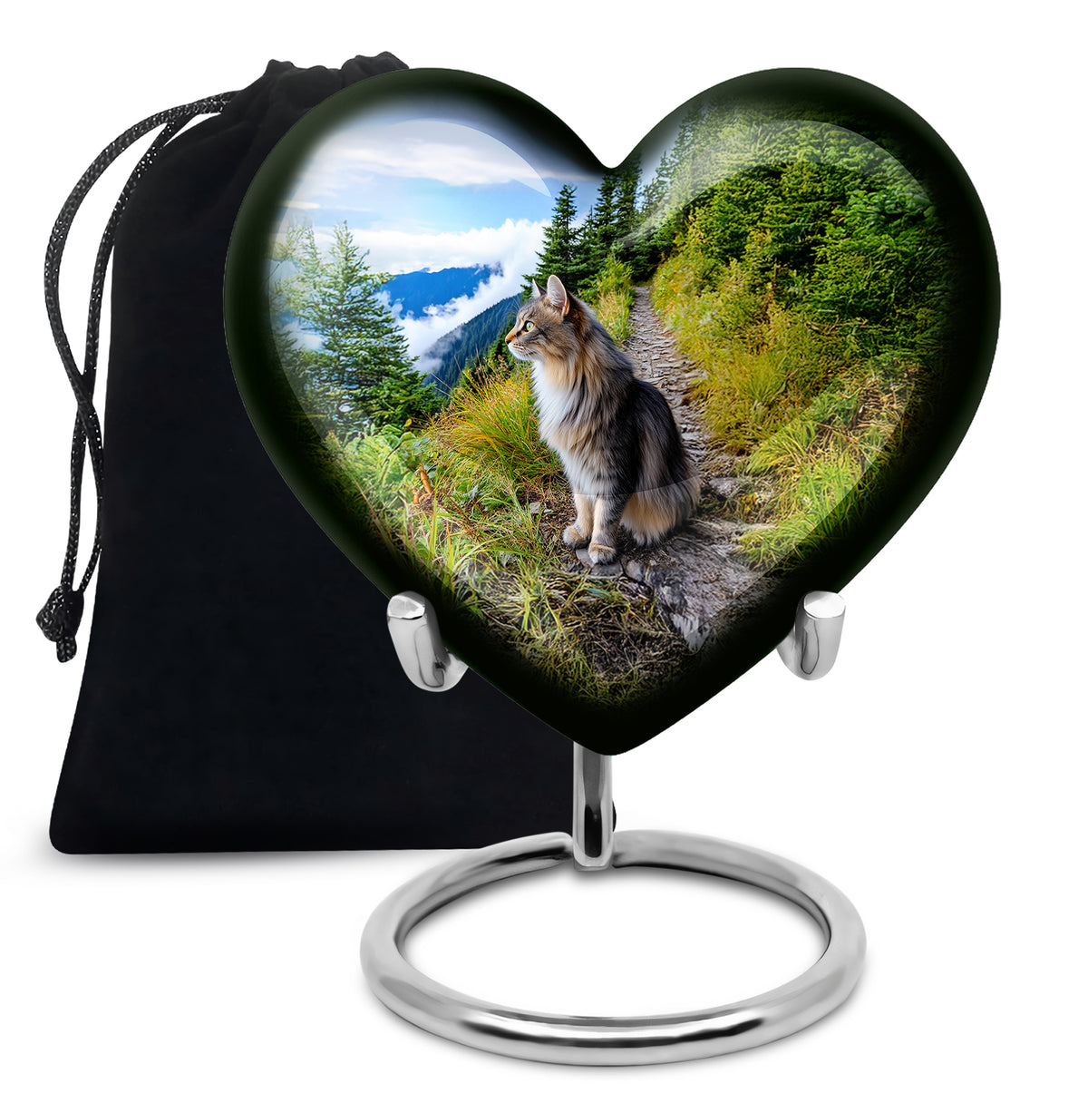 Indigo Cat Cremation Urn detail view - loving heart memorial featuring cat pattern - full-size 10 inch 200 cubic inch adult cremation urn