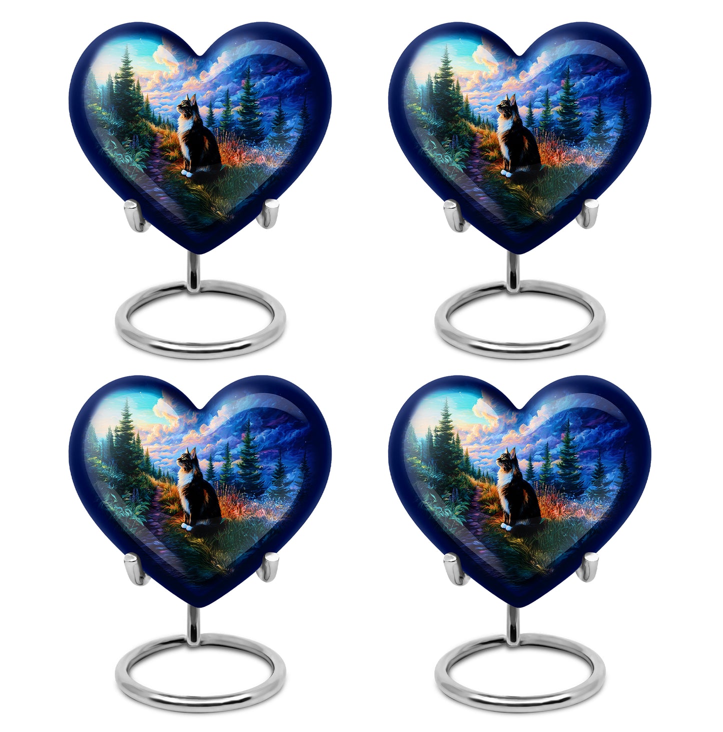 Slate Blue Cat Cremation Urn angled view of lid and engraved motif - heart-shaped cat design symbolizing eternal love - 10 inch aluminum urn for cremated remains