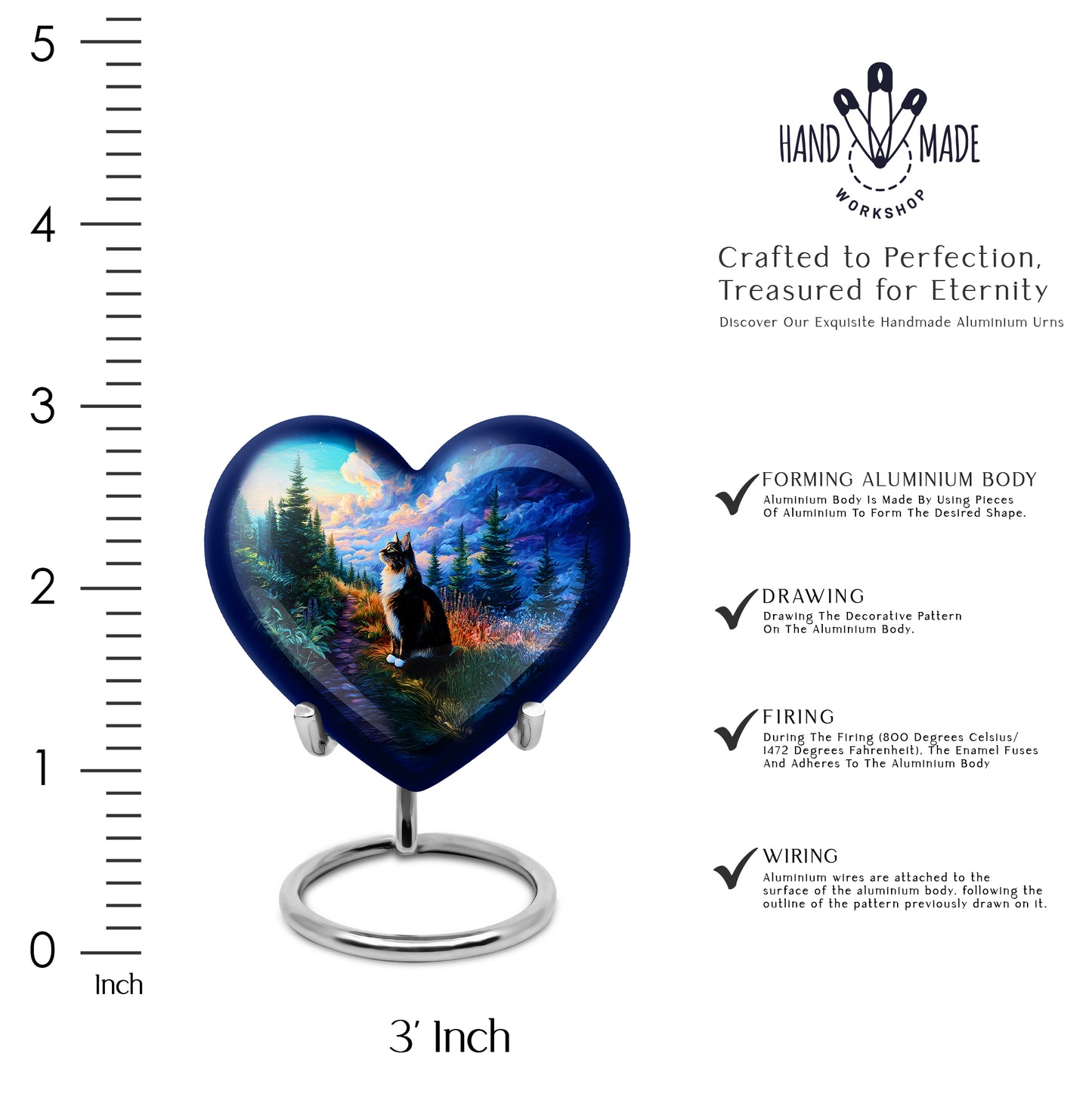Bright Blue Cat Cremation Urn front view showing detailed design - compassionate heart-cat combination with gentle curves - mini keepsake memorial for portion of cremation ashes