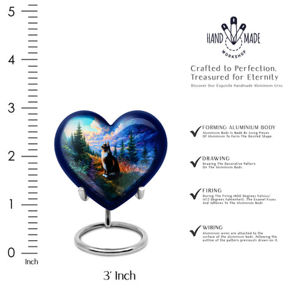 Bright Blue Cat Cremation Urn front view showing detailed design - compassionate heart-cat combination with gentle curves - mini keepsake memorial for portion of cremation ashes