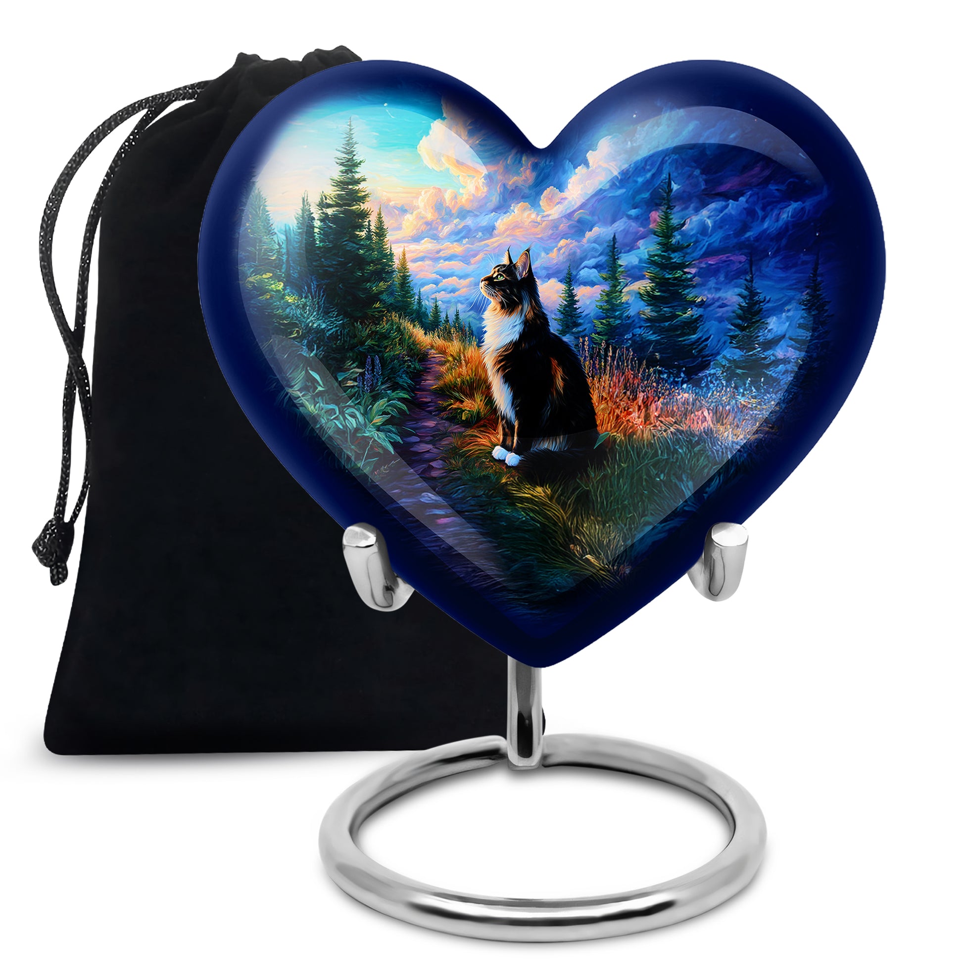 Slate Blue Cat Cremation Urn detail view - heart-shaped cat design symbolizing eternal love - full-size 10 inch 200 cubic inch adult cremation urn