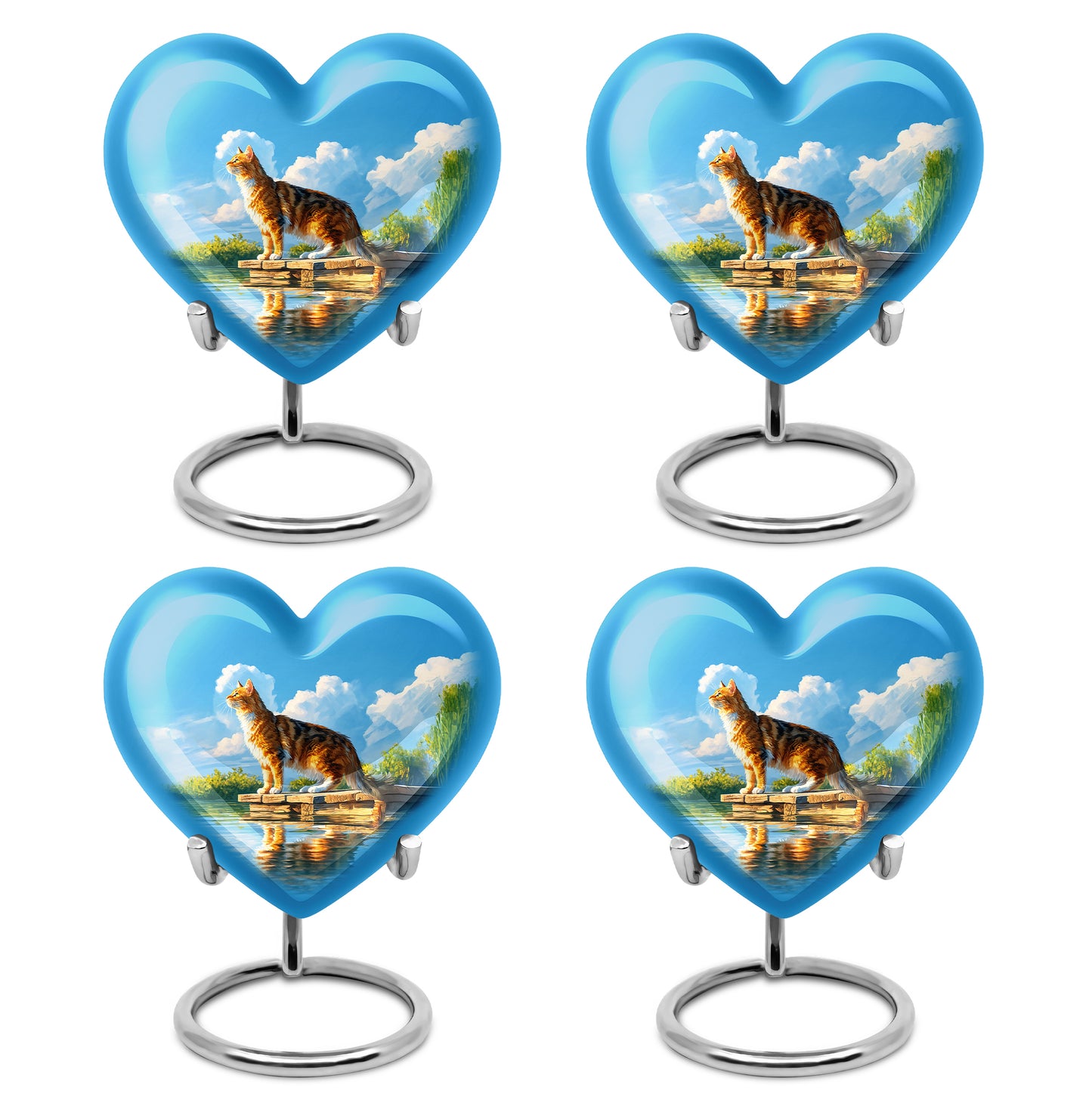 Dusty Blue Cat Cremation Urn angled view of lid and engraved motif - loving heart memorial featuring cat pattern - 10 inch aluminum urn for cremated remains