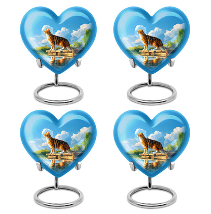 Dusty Blue Cat Cremation Urn angled view of lid and engraved motif - loving heart memorial featuring cat pattern - 10 inch aluminum urn for cremated remains