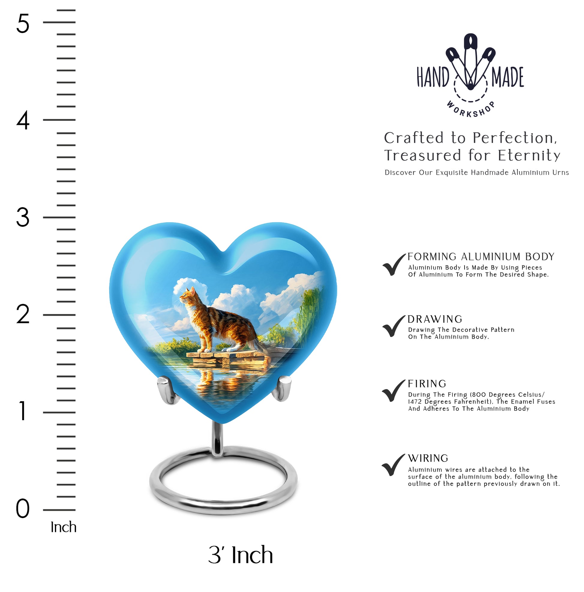 Slate Blue Cat Cremation Urn front view showing detailed design - heart-shaped cat design symbolizing eternal love - mini keepsake memorial for portion of cremation ashes