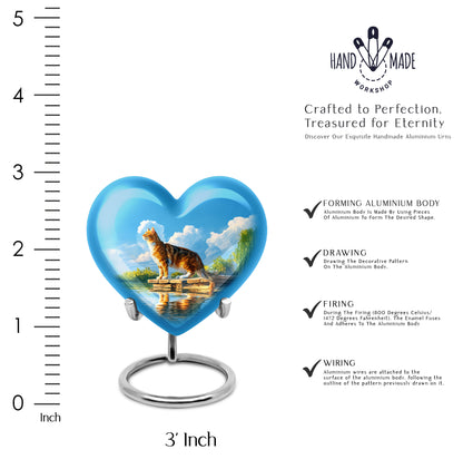 Slate Blue Cat Cremation Urn front view showing detailed design - heart-shaped cat design symbolizing eternal love - mini keepsake memorial for portion of cremation ashes