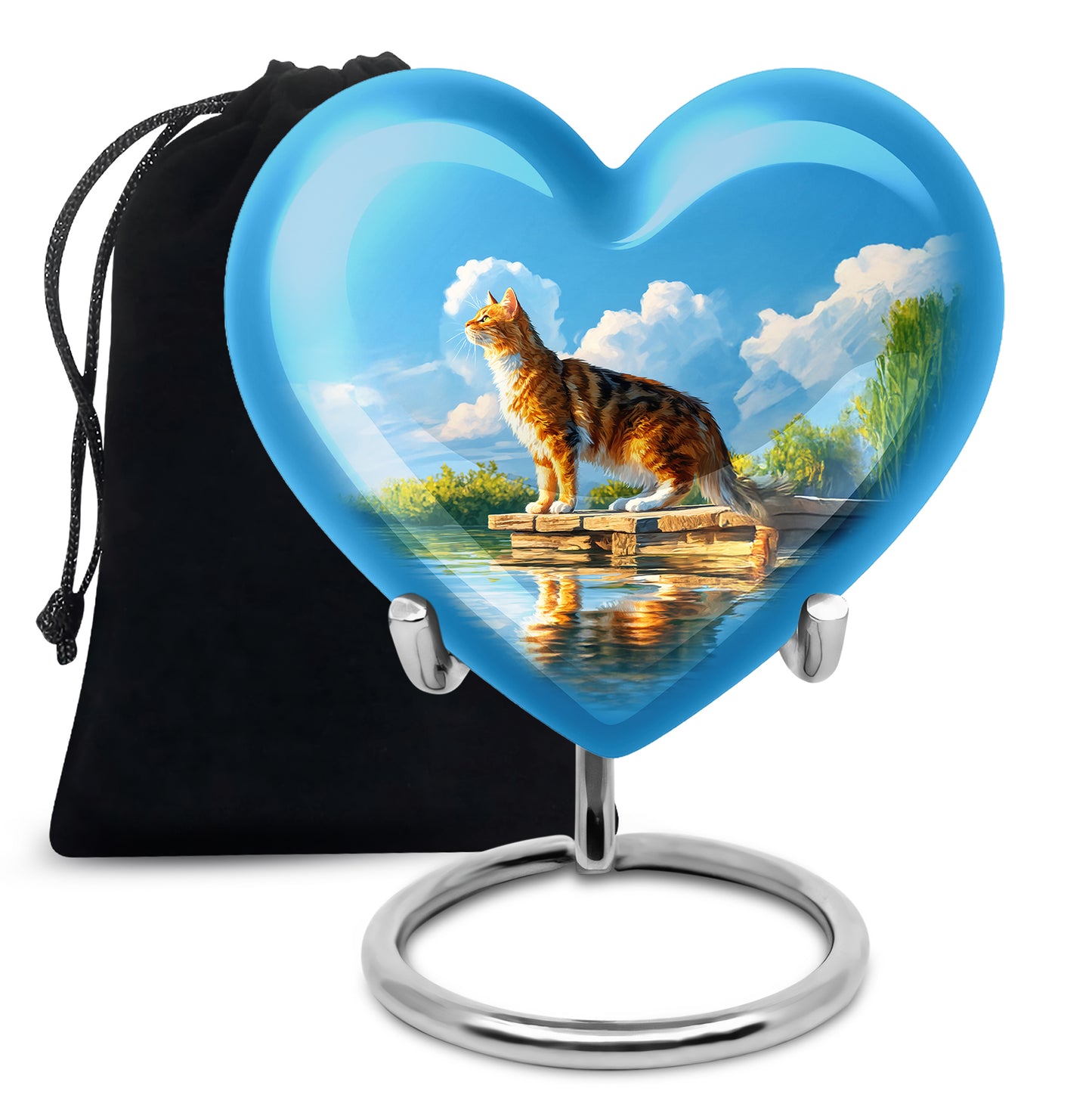 Steel Blue Cat Cremation Urn detail view - compassionate heart-cat combination with gentle curves - full-size 10 inch 200 cubic inch adult cremation urn