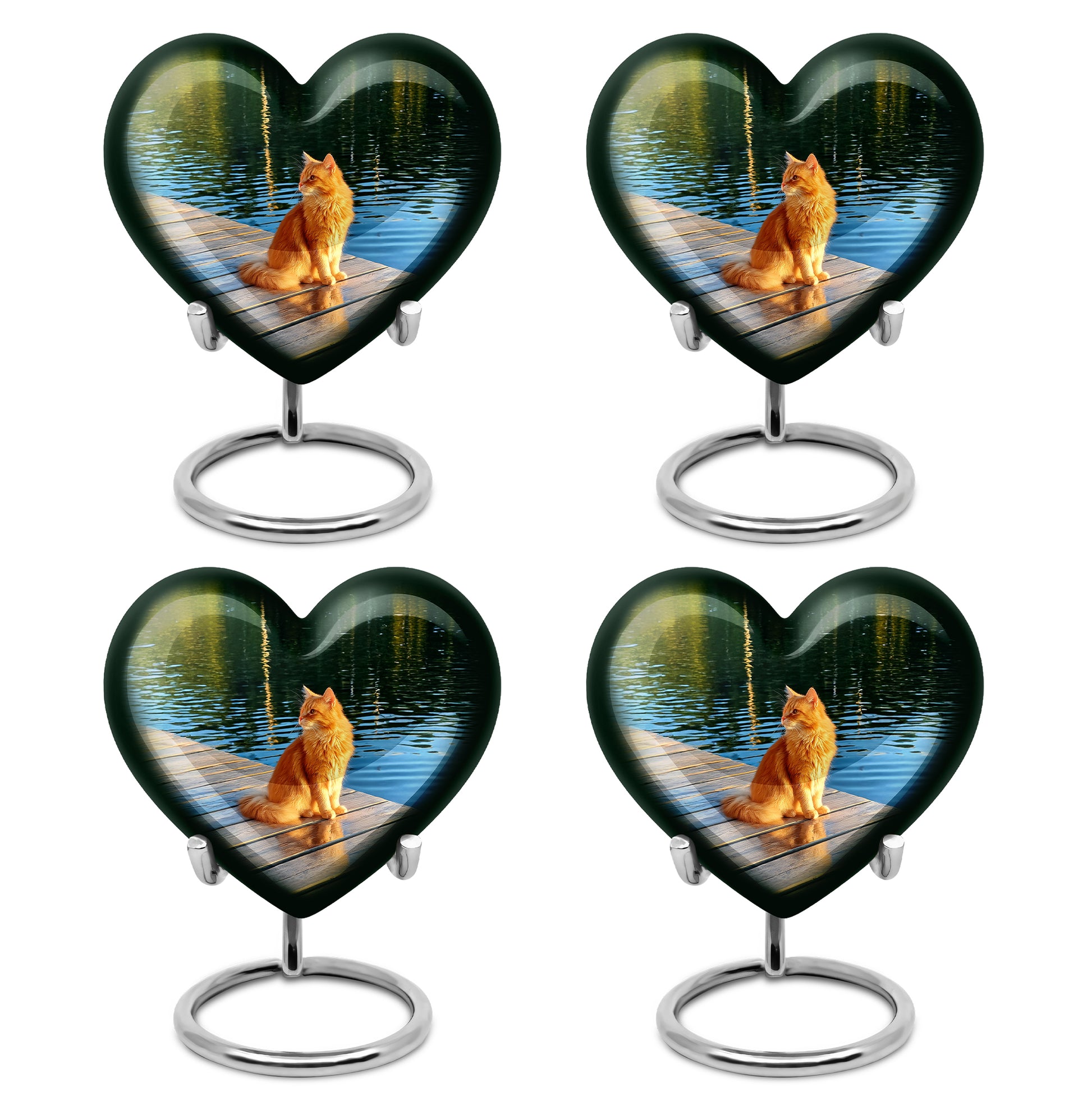 Verdant Green Cat Cremation Urn angled view of lid and engraved motif - loving heart memorial featuring cat pattern - 10 inch aluminum urn for cremated remains