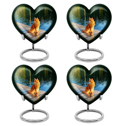 Verdant Green Cat Cremation Urn angled view of lid and engraved motif - loving heart memorial featuring cat pattern - 10 inch aluminum urn for cremated remains