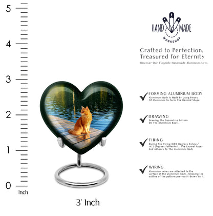 Mint Green Cat Cremation Urn front view showing detailed design - compassionate heart-cat combination with gentle curves - mini keepsake memorial for portion of cremation ashes