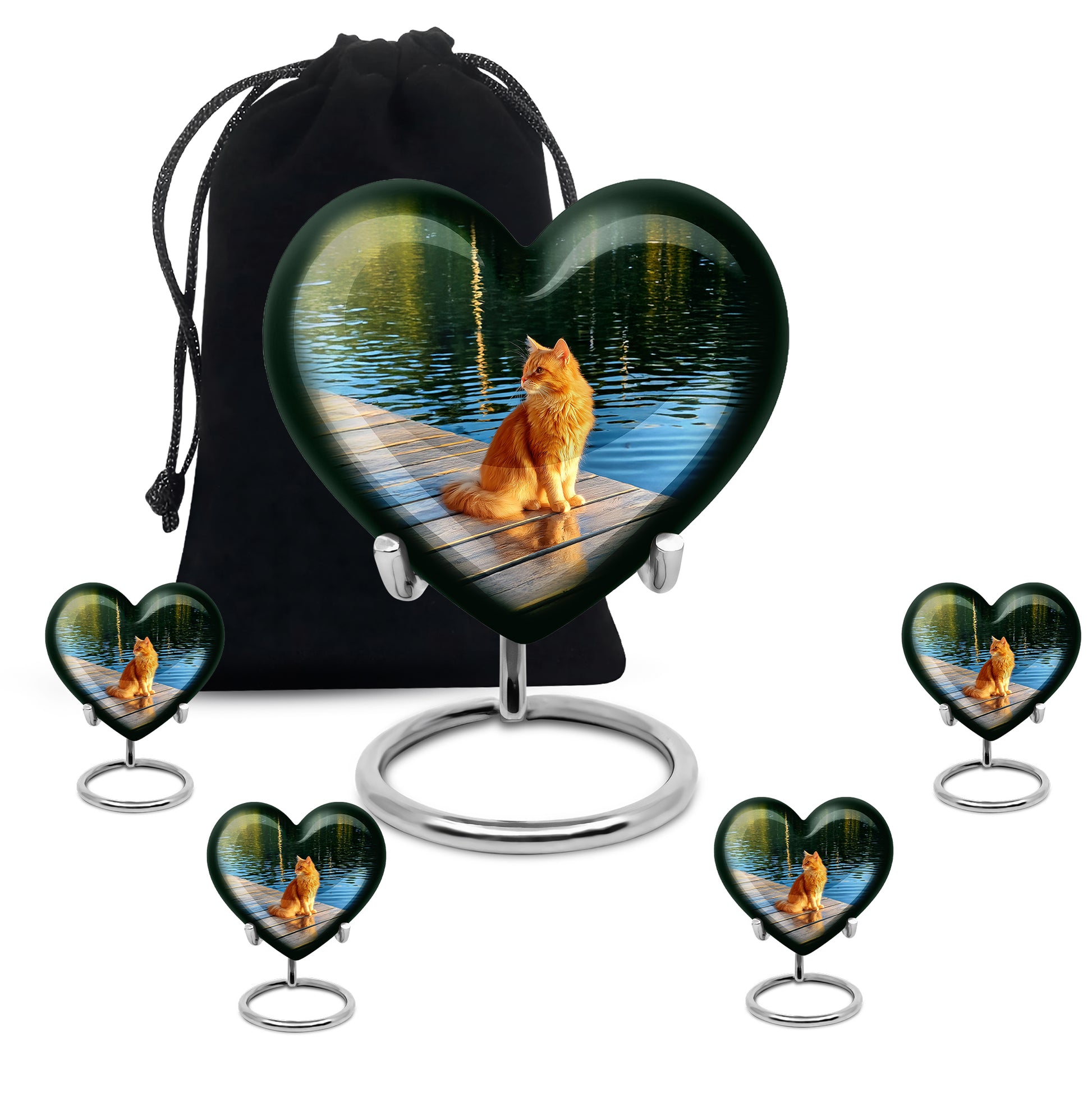 Verdant Green Cat Cremation Urn close-up of engraving and surface detail - loving heart memorial featuring cat pattern - memorial set with one large and four small urns