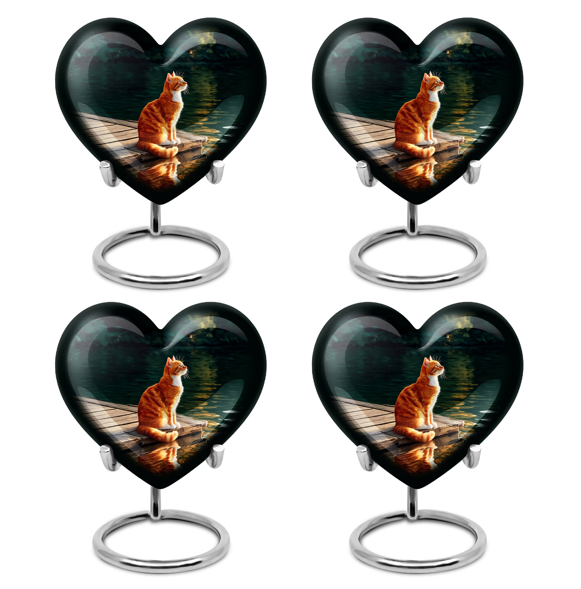 Deep Black Cat Cremation Urn angled view of lid and engraved motif - heart-shaped cat design symbolizing eternal love - 10 inch aluminum urn for cremated remains