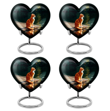 Deep Black Cat Cremation Urn angled view of lid and engraved motif - heart-shaped cat design symbolizing eternal love - 10 inch aluminum urn for cremated remains