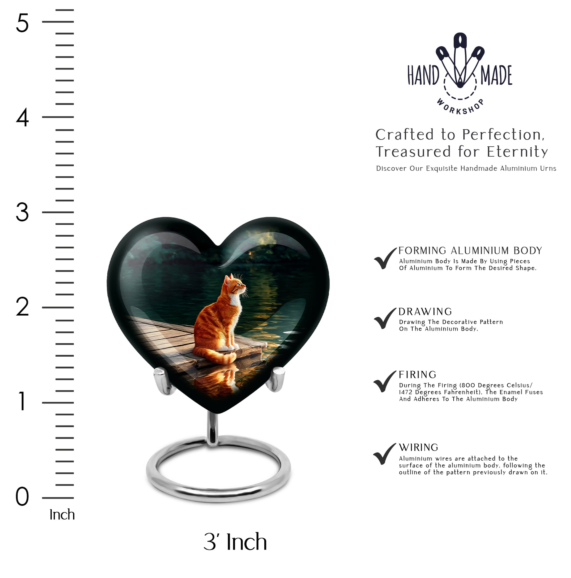 Jet Black Cat Cremation Urn front view showing detailed design - loving heart memorial featuring cat pattern - mini keepsake memorial for portion of cremation ashes