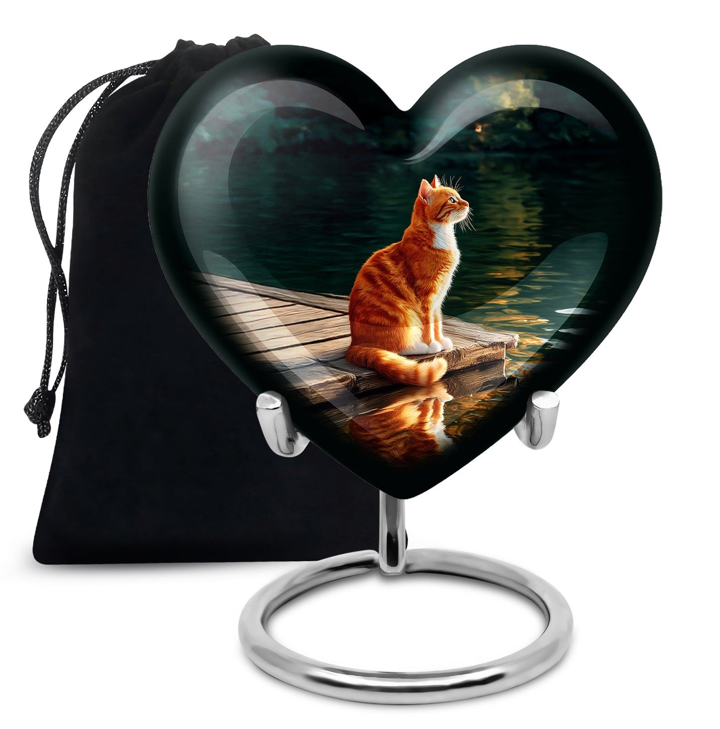 Ebony Cat Cremation Urn detail view - loving heart memorial featuring cat pattern - full-size 10 inch 200 cubic inch adult cremation urn