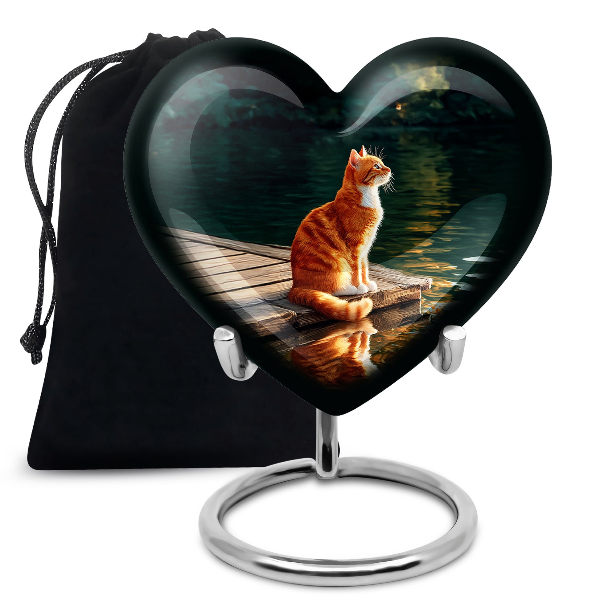 Ebony Cat Cremation Urn detail view - loving heart memorial featuring cat pattern - full-size 10 inch 200 cubic inch adult cremation urn