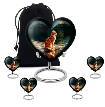 Obsidian Black Cat Cremation Urn close-up of engraving and surface detail - romantic heart urn with cat motif on aluminum - memorial set with one large and four small urns