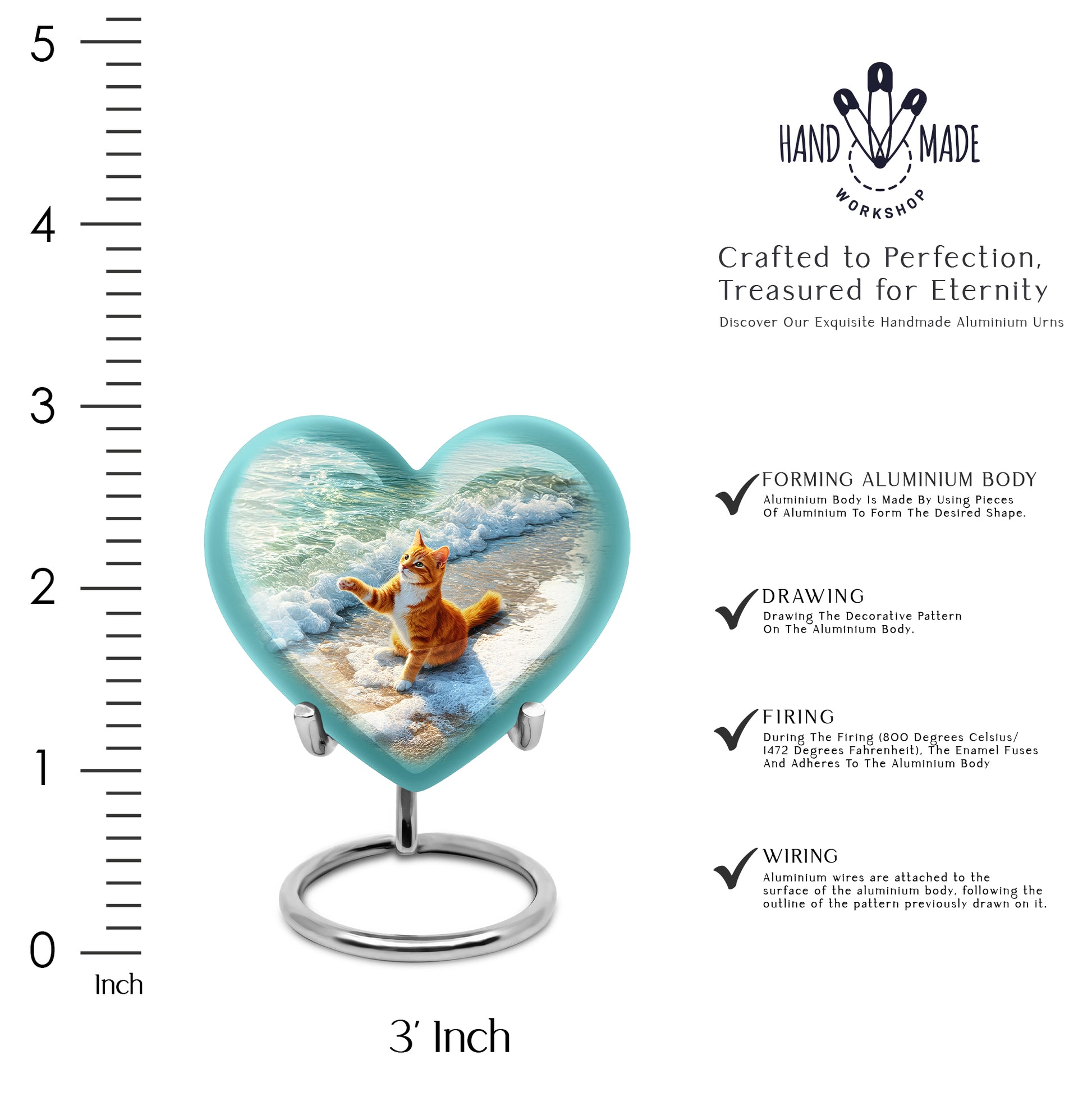 Jade Green Cat Cremation Urn front view showing detailed design - loving heart memorial featuring cat pattern - mini keepsake memorial for portion of cremation ashes
