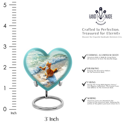 Jade Green Cat Cremation Urn front view showing detailed design - loving heart memorial featuring cat pattern - mini keepsake memorial for portion of cremation ashes