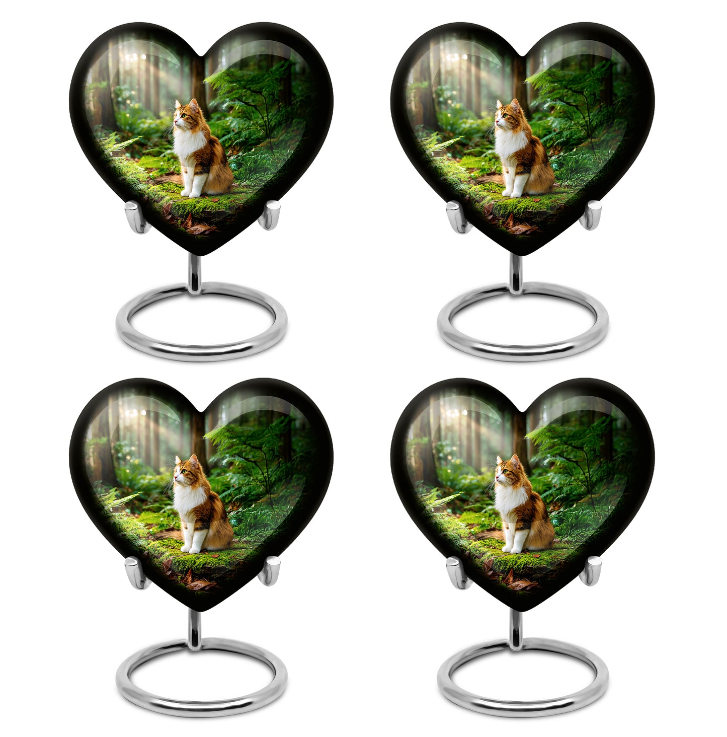 Sunrise Gold Cat Cremation Urn angled view of lid and engraved motif - loving heart memorial featuring cat pattern - 10 inch aluminum urn for cremated remains