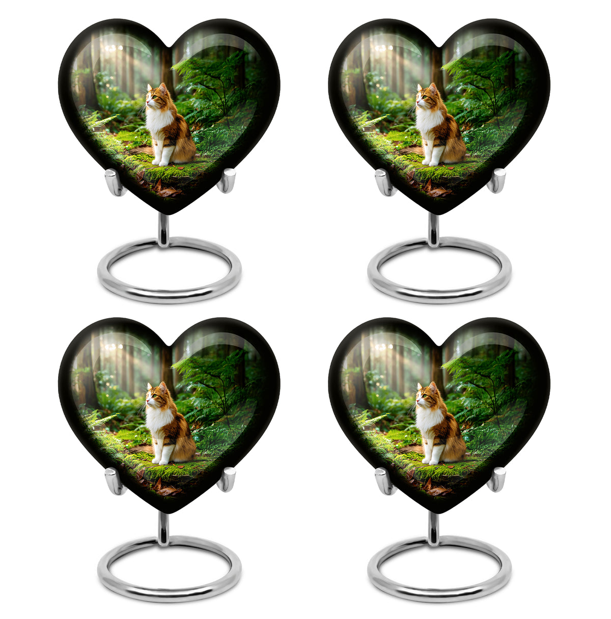 Sunrise Gold Cat Cremation Urn angled view of lid and engraved motif - loving heart memorial featuring cat pattern - 10 inch aluminum urn for cremated remains