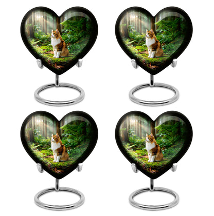 Sunrise Gold Cat Cremation Urn angled view of lid and engraved motif - loving heart memorial featuring cat pattern - 10 inch aluminum urn for cremated remains