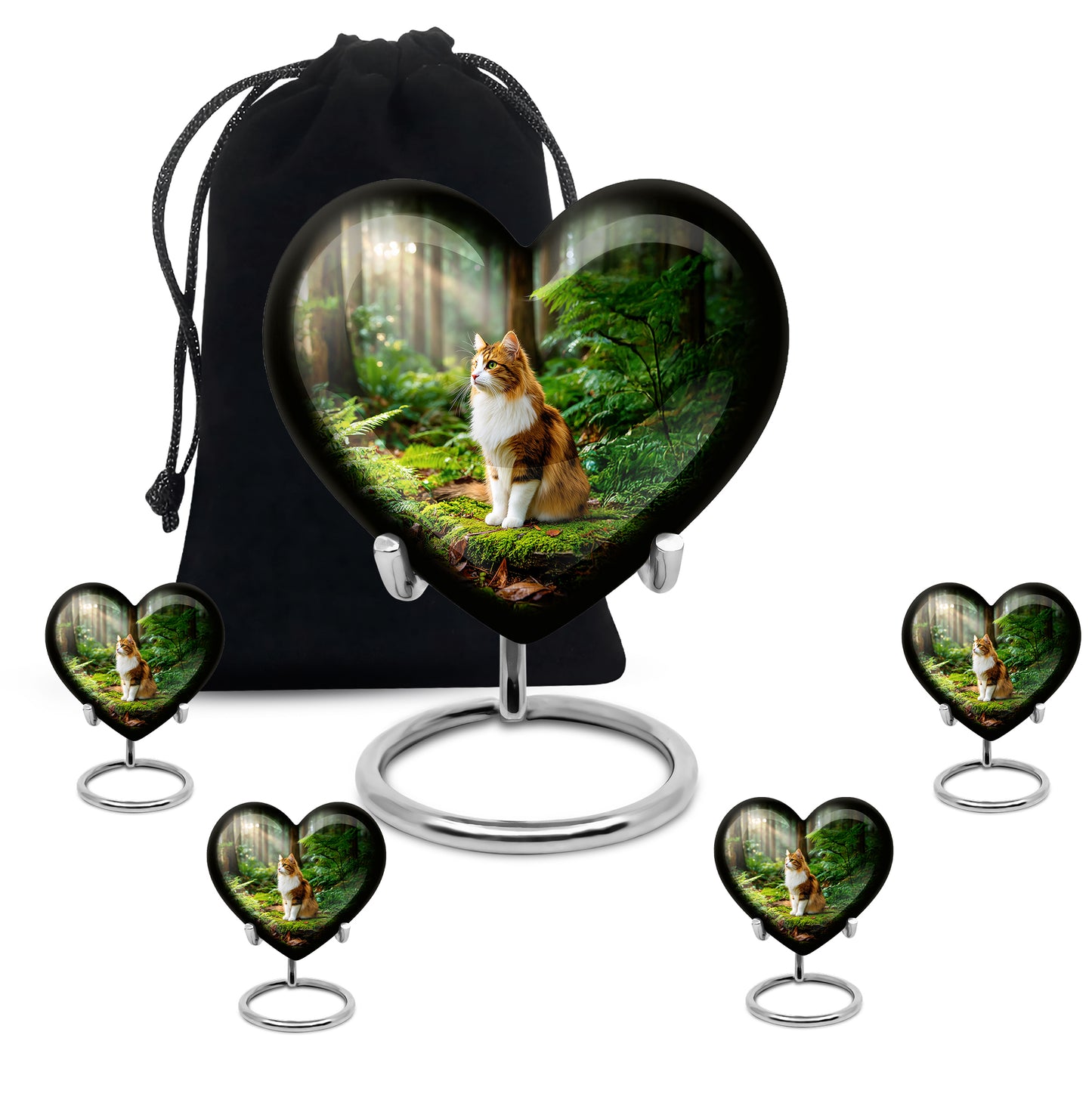 Warm Gold Cat Cremation Urn close-up of engraving and surface detail - romantic heart urn with cat motif on aluminum - memorial set with one large and four small urns