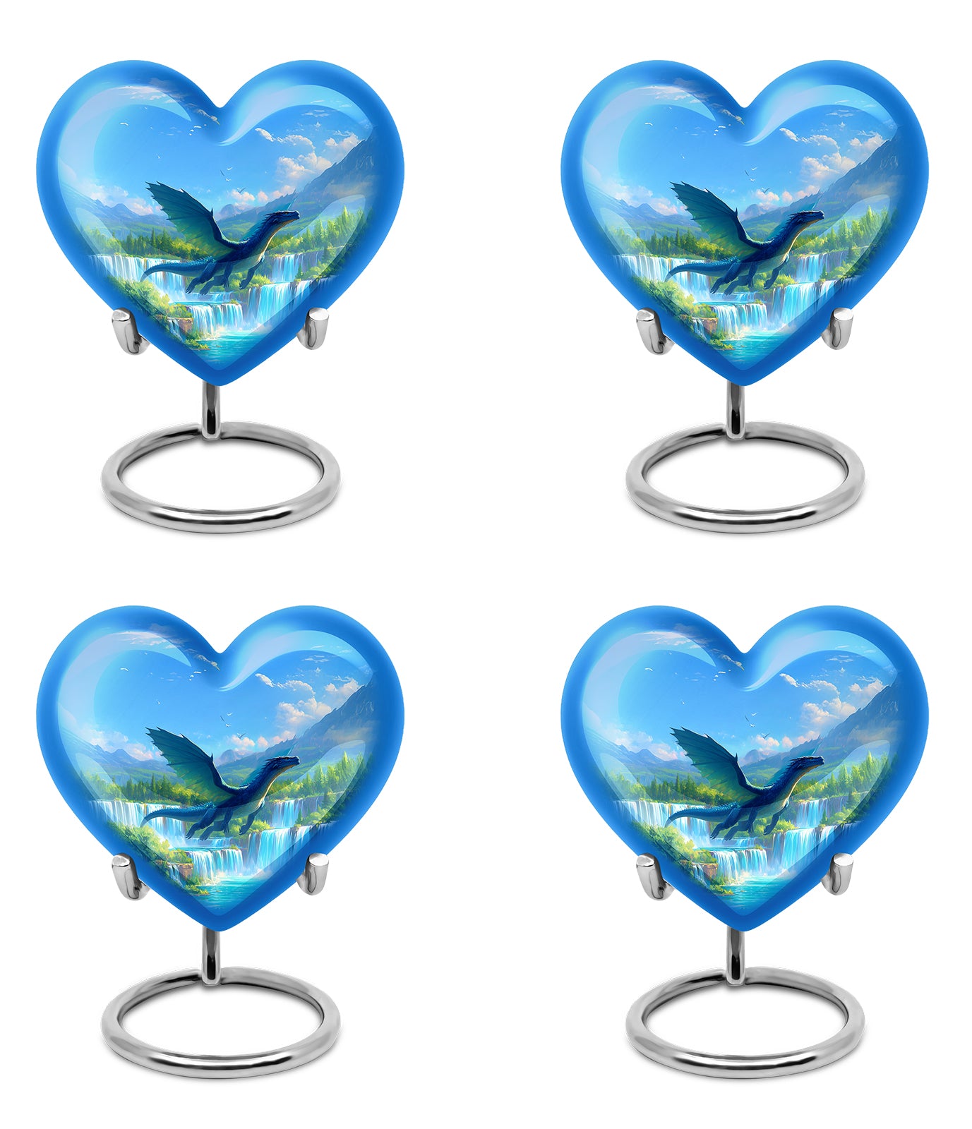 Azure Dragon Cremation Urn angled view of lid and engraved motif - heart-shaped dragon design symbolizing eternal love - 10 inch aluminum urn for cremated remains