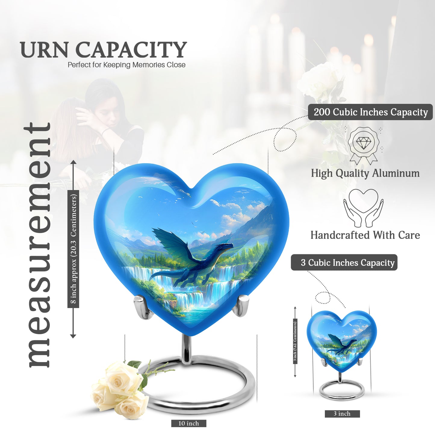 Twilight Blue Dragon Cremation Urn front view showing detailed design - compassionate heart-dragon combination with gentle curves - mini keepsake memorial for portion of cremation ashes