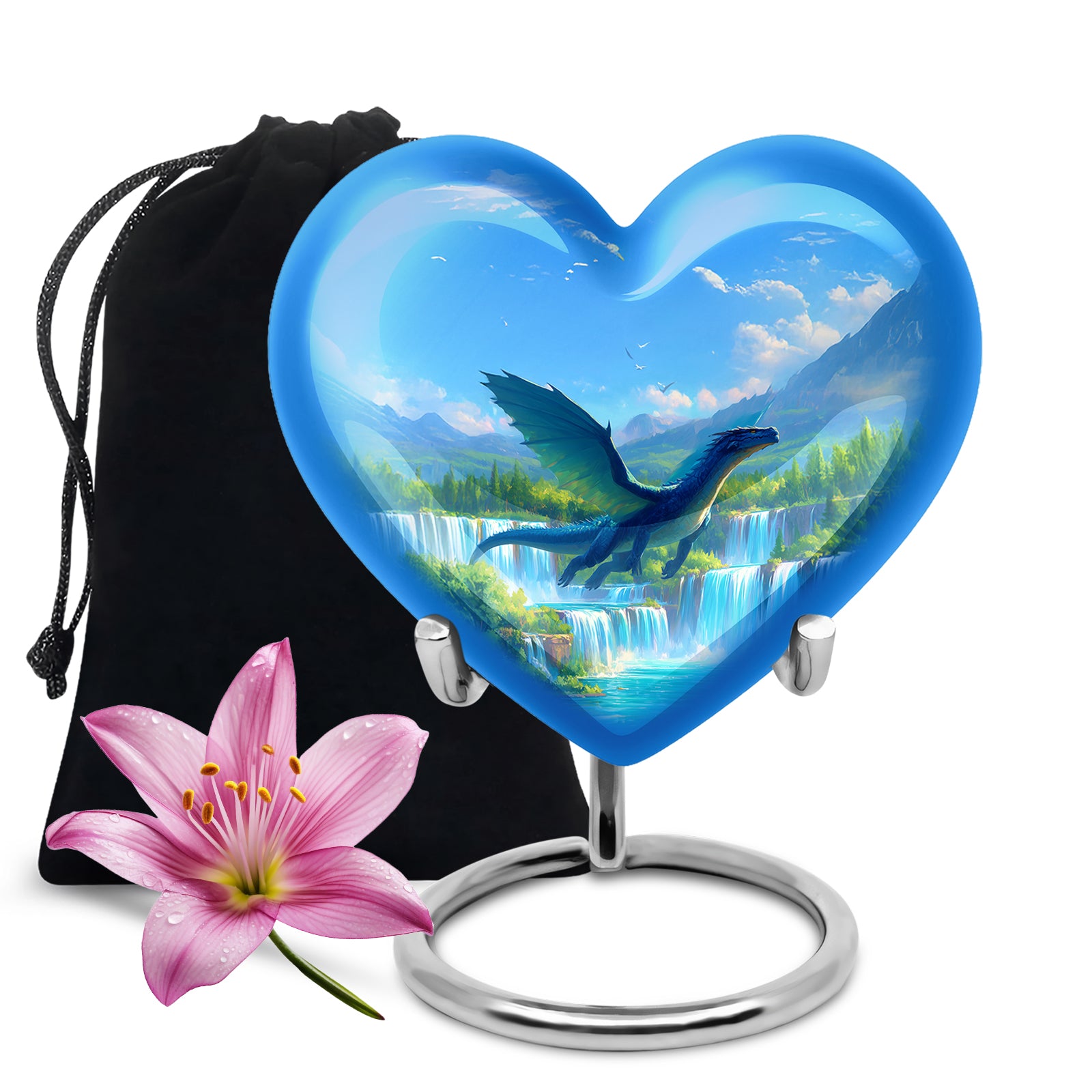 Steel Blue Dragon Cremation Urn detail view - romantic heart urn with dragon motif on aluminum - full-size 10 inch 200 cubic inch adult cremation urn