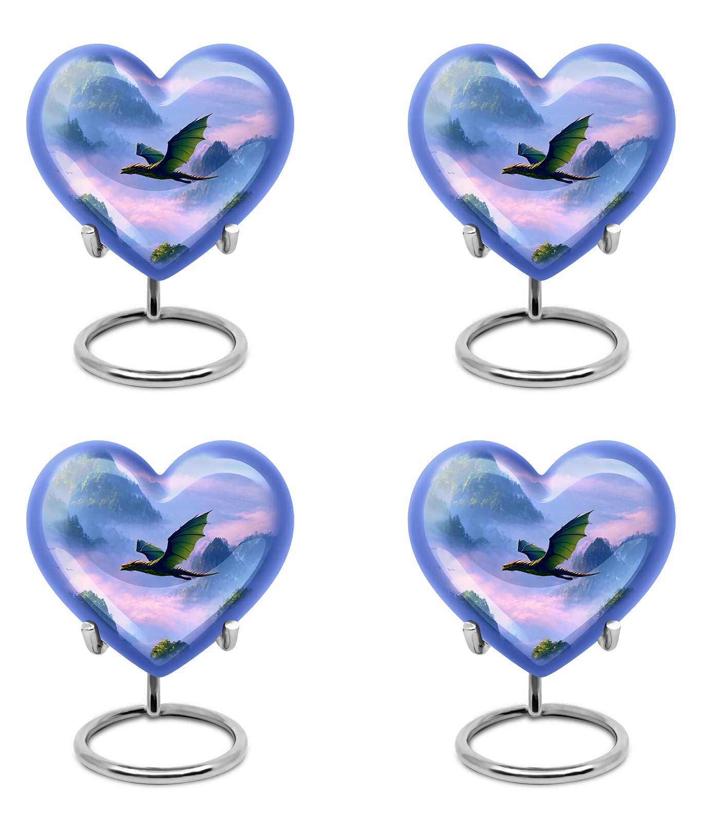 Indigo Dragon Cremation Urn angled view of lid and engraved motif - heart-shaped dragon design symbolizing eternal love - 10 inch aluminum urn for cremated remains