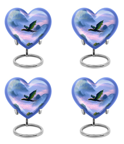Indigo Dragon Cremation Urn angled view of lid and engraved motif - heart-shaped dragon design symbolizing eternal love - 10 inch aluminum urn for cremated remains
