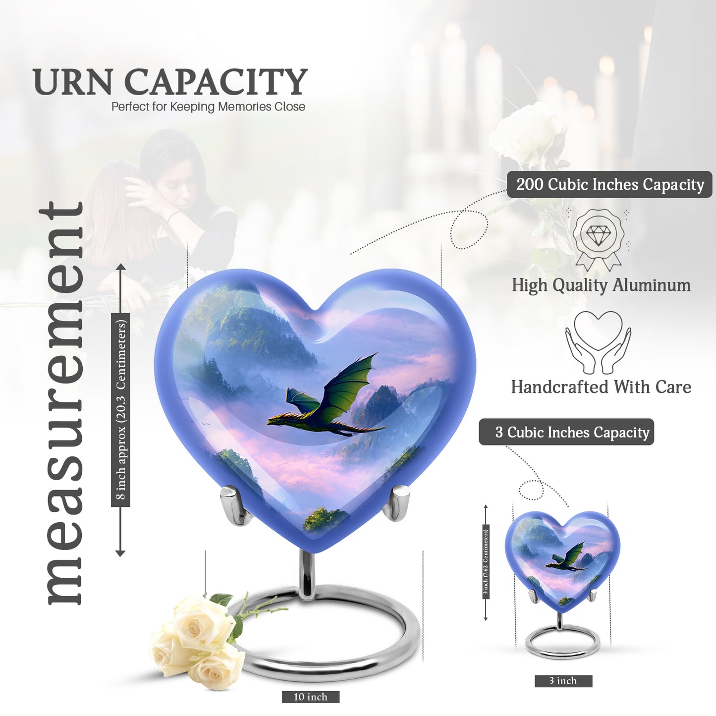 Pastel Blue Dragon Cremation Urn front view showing detailed design - heart-shaped dragon design symbolizing eternal love - mini keepsake memorial for portion of cremation ashes