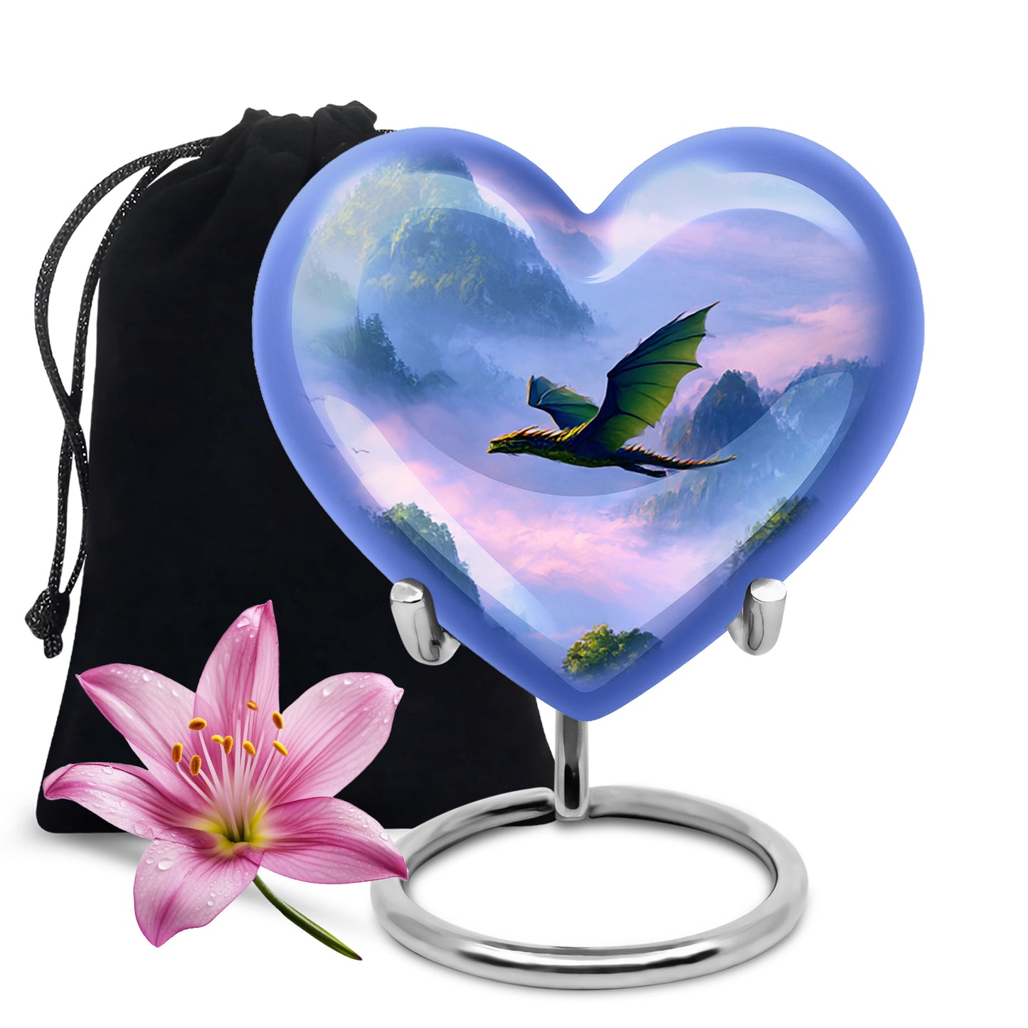 Steel Blue Dragon Cremation Urn detail view - compassionate heart-dragon combination with gentle curves - full-size 10 inch 200 cubic inch adult cremation urn