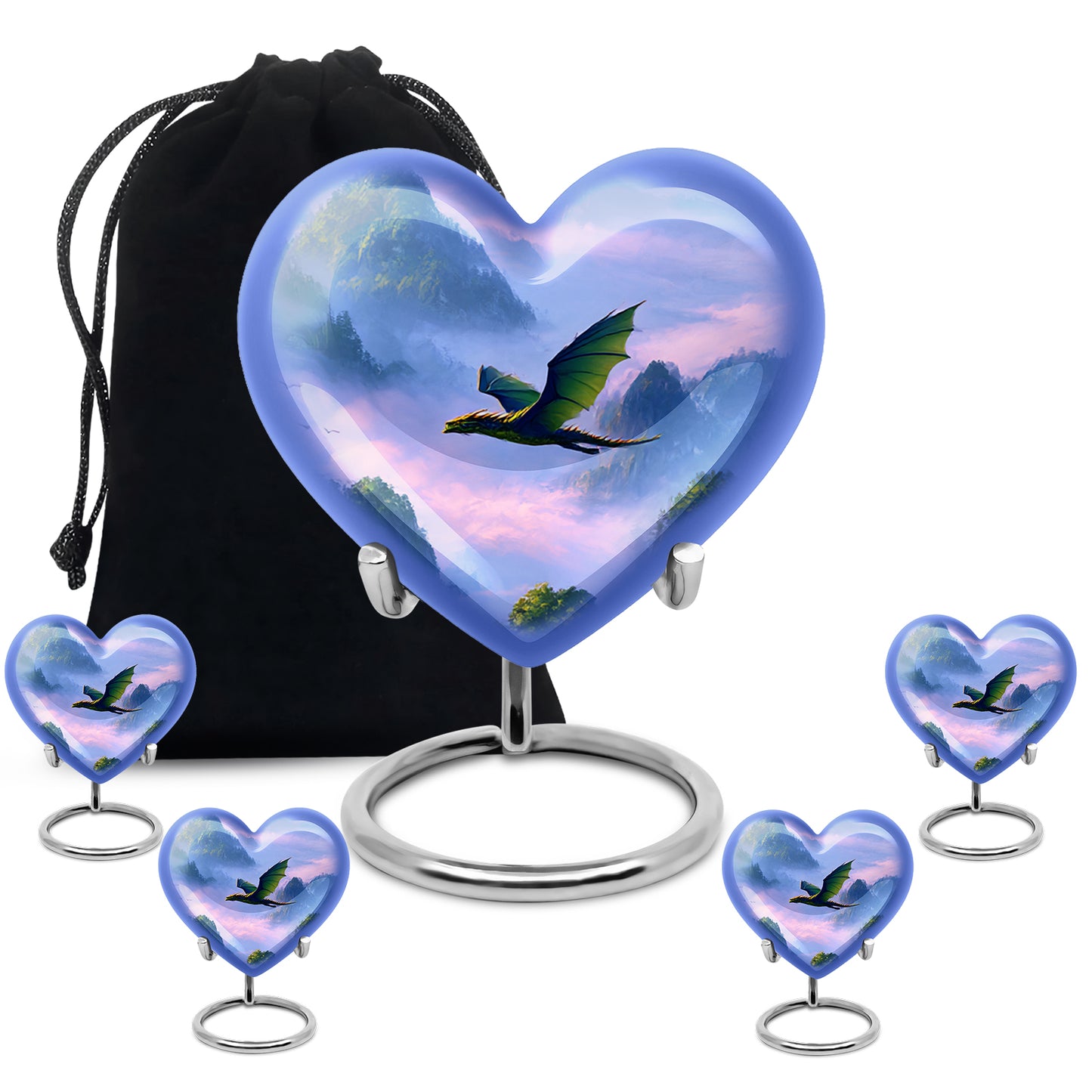 Dusty Blue Dragon Cremation Urn close-up of engraving and surface detail - heart-shaped dragon design symbolizing eternal love - memorial set with one large and four small urns