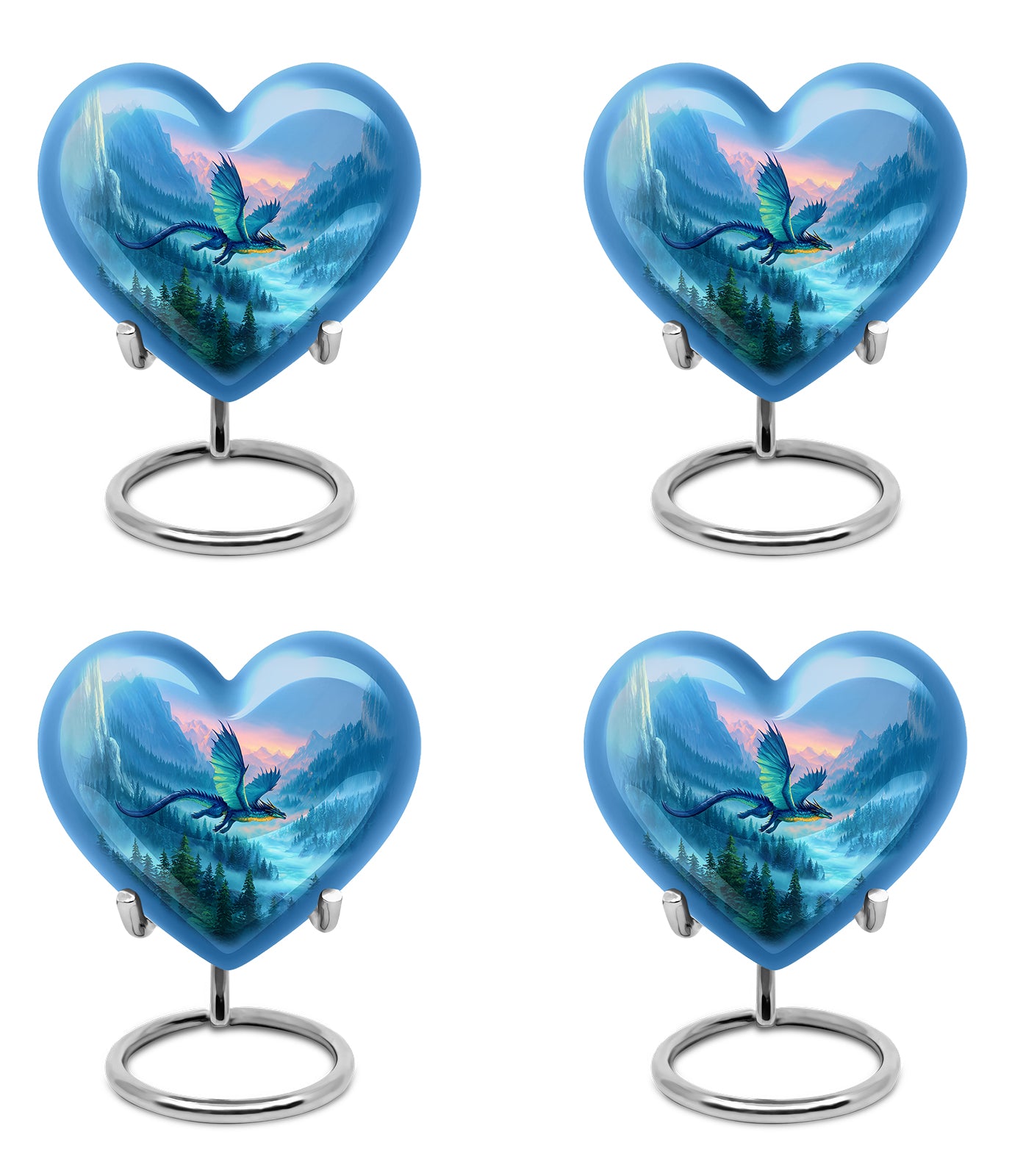 Serene Blue Dragon Cremation Urn angled view of lid and engraved motif - compassionate heart-dragon combination with gentle curves - 10 inch aluminum urn for cremated remains
