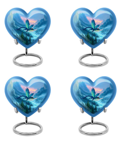 Serene Blue Dragon Cremation Urn angled view of lid and engraved motif - compassionate heart-dragon combination with gentle curves - 10 inch aluminum urn for cremated remains